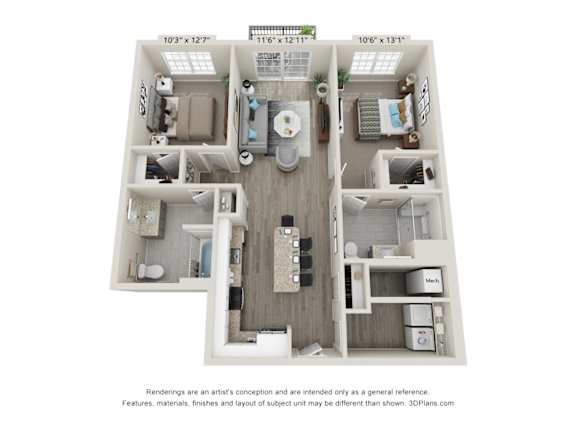 A 3D floor plan of a house with a kitchen, living room, and two bedrooms.