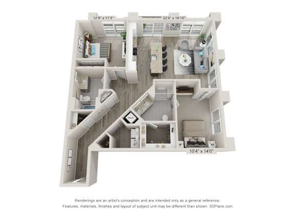 A 3D floor plan of a house with a living room, kitchen, and two bedrooms.