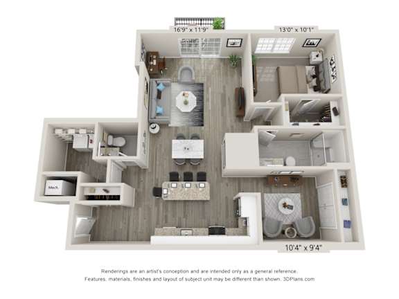 A 3D floor plan of a small apartment with a kitchen, living room, and bathroom.