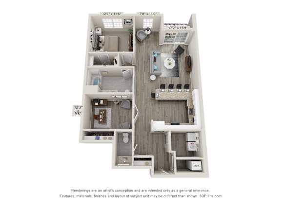 A 3D floor plan of an apartment with a kitchen, living room, and two bedrooms.