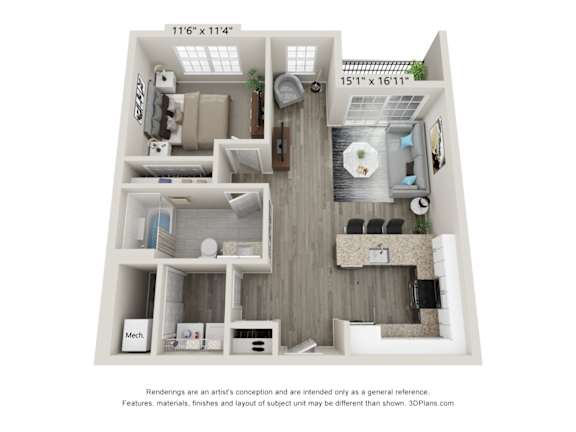 A 3D floor plan of a small apartment with a kitchen, living room, and bathroom.