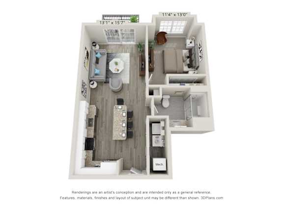 A 3D floor plan of a small apartment with a kitchen, living room, and bathroom.