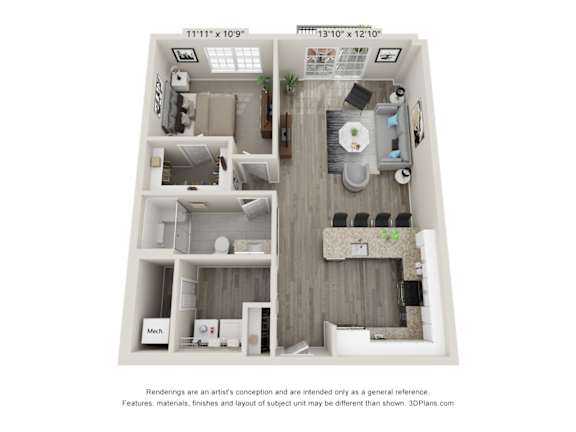 A floor plan of a small apartment with a kitchen, living room, and bathroom.