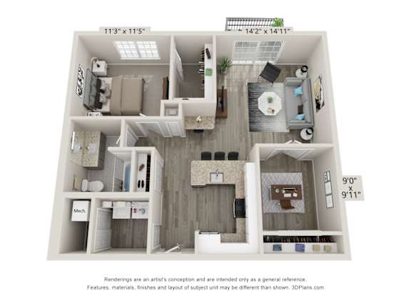 A 3D floor plan of a house with a kitchen, living room, and bathroom.