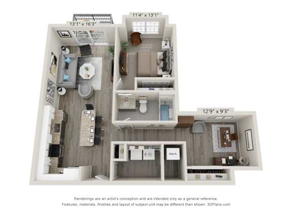 A floor plan of a small apartment with a kitchen, living room, and bathroom.