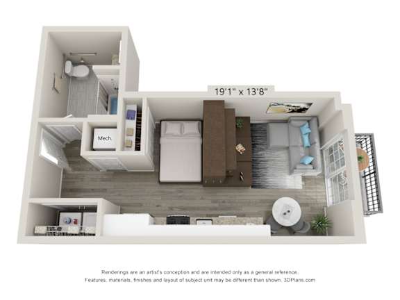 A 3D floor plan of a small apartment with a kitchen, living room, and bedroom.