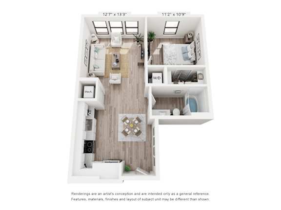 A floor plan of a two-bedroom apartment with a living room, kitchen, and bathroom.