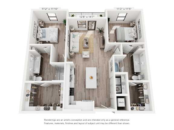 A floor plan of a two-bedroom apartment with a living room, kitchen, and bathroom.