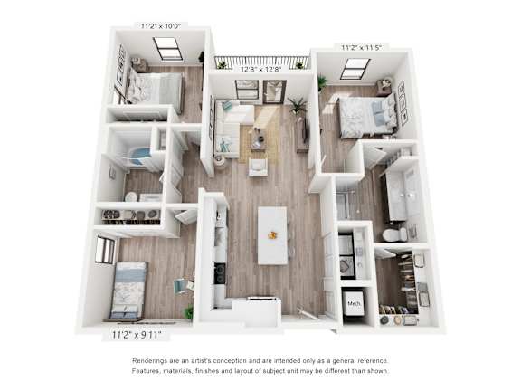 A floor plan of a two-bedroom apartment with a living room, kitchen, and bathroom.