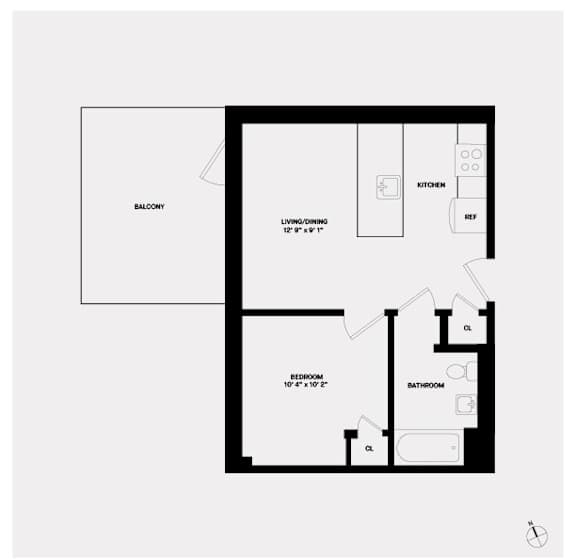 A black and white floor plan of a house with a balcony, living/dining area, kitchen, bathroom, and bedroom.