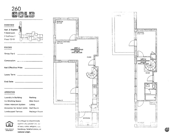 3 bedroom 2 bathroom duplex floor plan at 260 Gold Apartments, New York