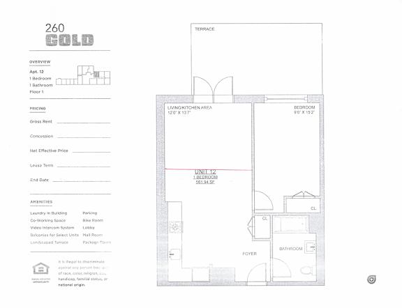 A floor plan for a property called 260 Gold is shown with a living kitchen area, bedroom, and bathroom.