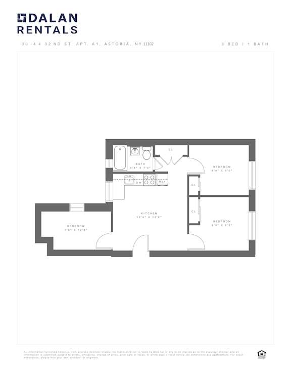 A Dalan Rentals floor plan for a 3 bedroom, 1 bath apartment.