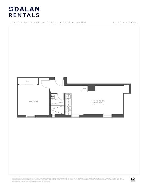 A Dalan Rentals floor plan for a 1 bedroom, 1 bath apartment.