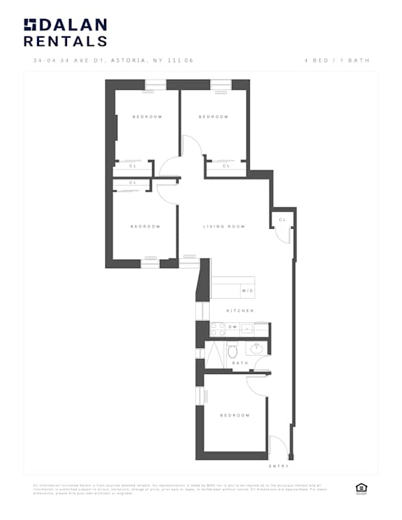 A Dalan Rentals floor plan for a 4 bedroom, 1 bath apartment.