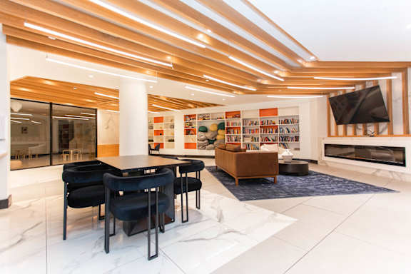 Modern lobby with wood beam ceiling at 1134 Fulton Street Apartments, Brooklyn