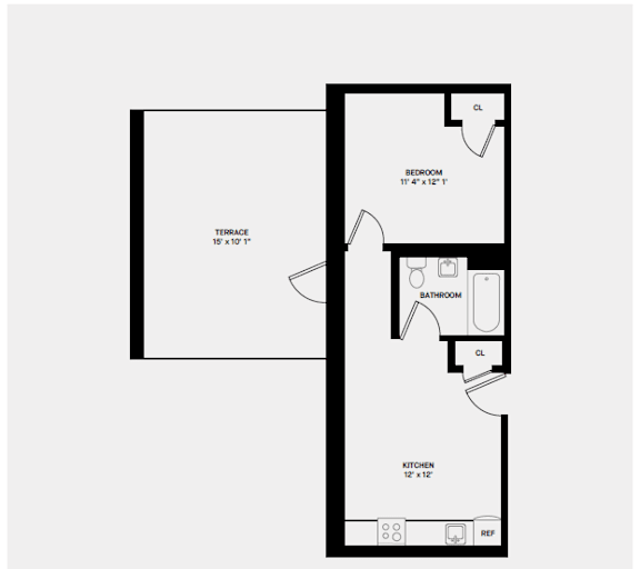 A black and white floor plan of a house with a bedroom, bathroom, and kitchen.
