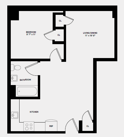 A black and white image of a floor plan for a home with a bedroom, bathroom, kitchen, and living/dining area.
