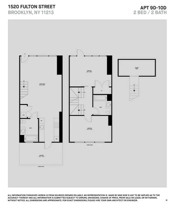 A floor plan for a 2 bedroom, 2 bathroom apartment located at 1520 Fulton Street, Brooklyn, NY 11213.