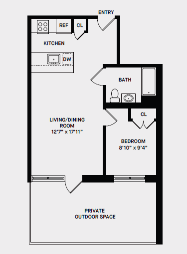 A floor plan of a small apartment with a living room, bedroom, kitchen, and bathroom.