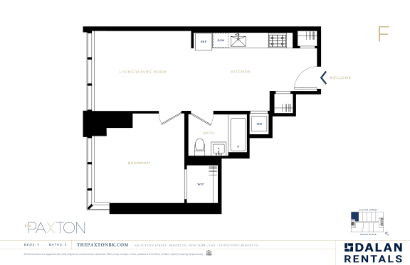 The Paxton Line F Floorplan 1 bed 1 bath at The Paxton, Brooklyn, NY