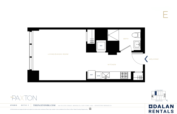 The Paxton Line E Floorplan Studio 1 bath at The Paxton, Brooklyn, New York