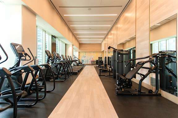 A gym with treadmills, elliptical machines, and other cardio equipment.