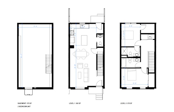 Three floor plans for a two-story building.
