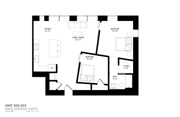 a floor plan of a unit with a bedroom and a living room