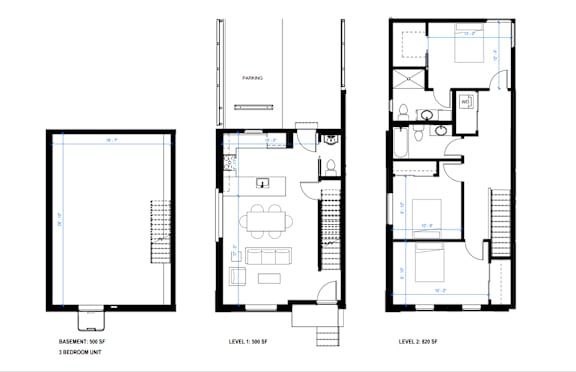A set of three architectural floor plans showing a basement, first and second level.