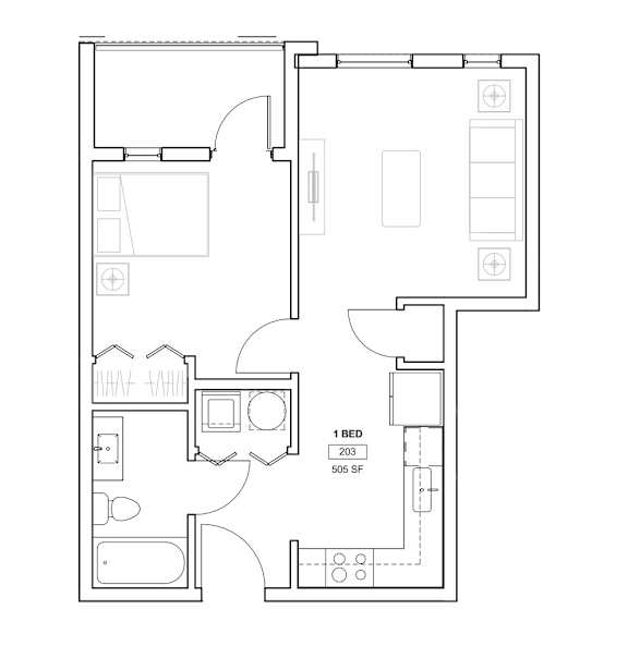 A floor plan of a one bedroom apartment with 505 square feet.