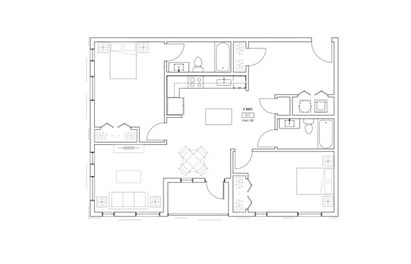 A floor plan of a house with a kitchen, living room, and two bedrooms.