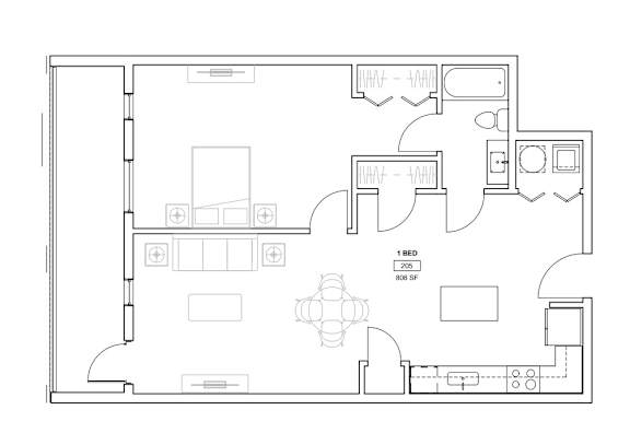 A floor plan of a house with one bedroom and 800 square feet.