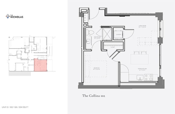 1 bed 1 bath The Collina floor plan A at The Nicholas, St Louis, 63104