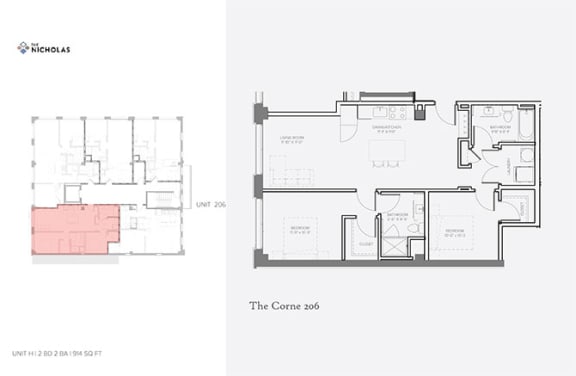 2 bed 2 bath The Corne floor plan at The Nicholas, St Louis