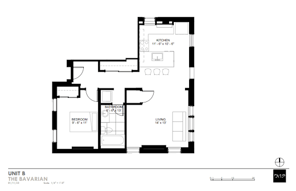 A black and white image of a floor plan for Unit B of The Bavarian, showing a kitchen, bathroom, bedroom, and living room.