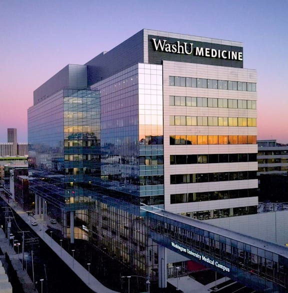 A large building with the words WashU Medicine on it.
