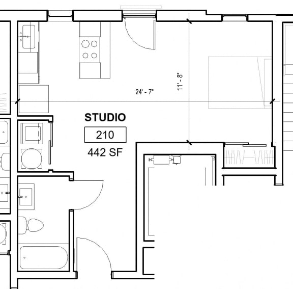 the floor plan for a small studio unit with a bedroom and a bathroom