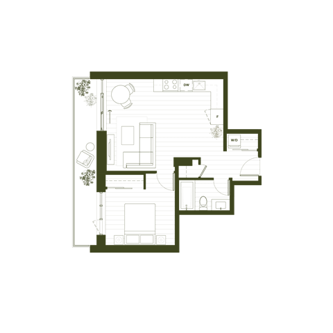 Floor Plan  A floor plan of a house with a kitchen, living room, and two bedrooms.