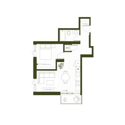 Floor Plan  A floor plan of a house with a kitchen, living room, and bathroom.