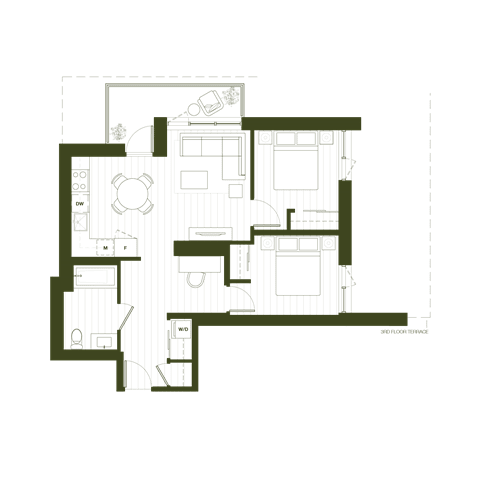 Floor Plan  A floor plan of a house with a kitchen, living room, and two bedrooms.
