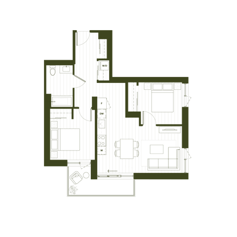 Floor Plan  A floor plan of a house with a kitchen, living room, and two bedrooms.