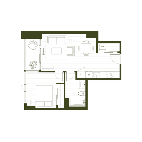 Floor Plan  A floor plan of a house with a kitchen, living room, and two bedrooms.