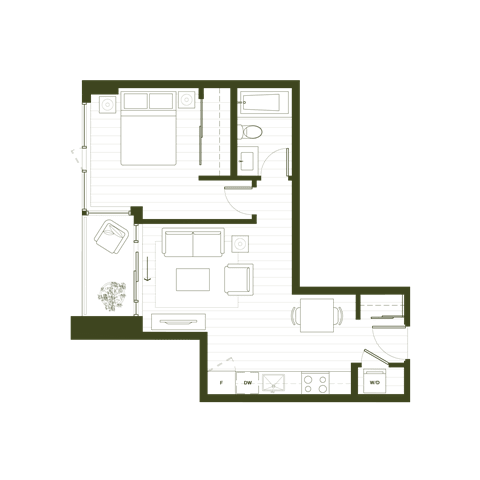 Floor Plan  A floor plan of a house with a kitchen, living room, and two bedrooms.