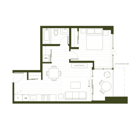 Floor Plan  A floor plan of a house with a kitchen, living room, and bathroom.