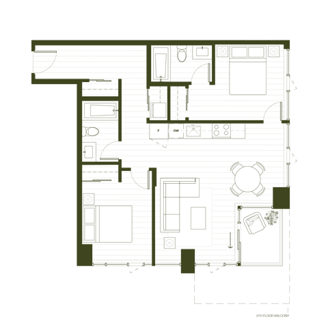 Floor Plan  A floor plan of a house with a kitchen, living room, and two bedrooms.