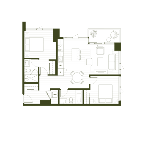 Floor Plan  A floor plan of a house with a kitchen, living room, and two bedrooms.