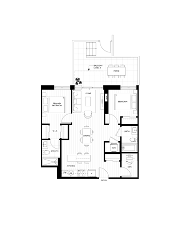 A black and white diagram of a building layout.