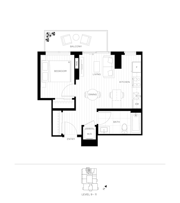 A black and white floor plan of a house with a living room, dining room, kitchen, and bathroom.
