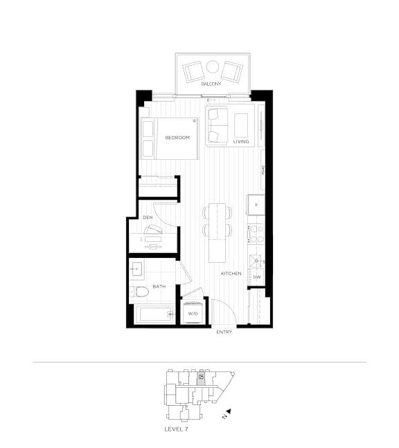 A black and white image of a floor plan for a one bedroom apartment.